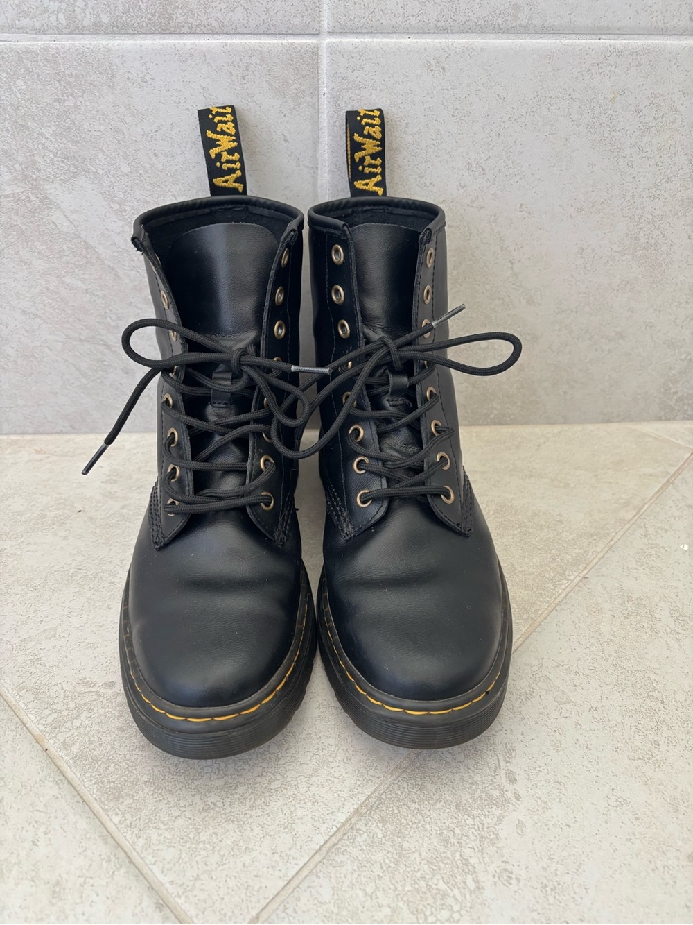 Dr. Martens Black Leather Lace-Up Combat Boots with Yellow Stitching